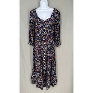 90s Vintage Dress Womens Medium Navy Blue Floral Maxi Cottagecore Button Boho